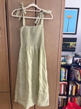 Wilfred Pale Sage Smocked Linen Dress with Tie Straps